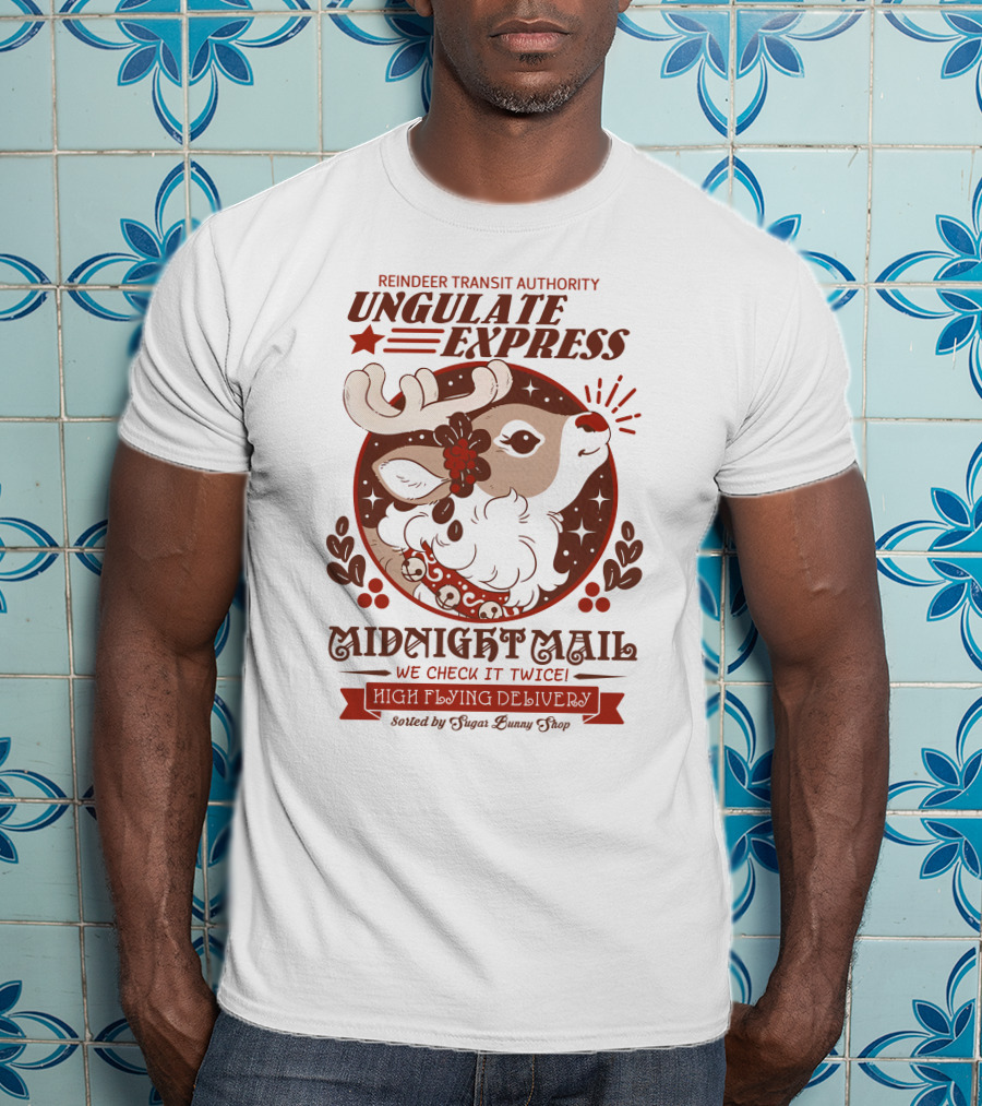 Reindeer Transit Authority Ungulate Express Midnight Mail High Flying Delivery T-Shirt