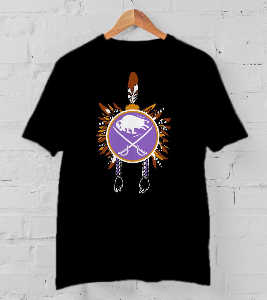 Buffalo Sabres Native American Feathered Symbol With Purple Circle And Crossing Sticks T-Shirt