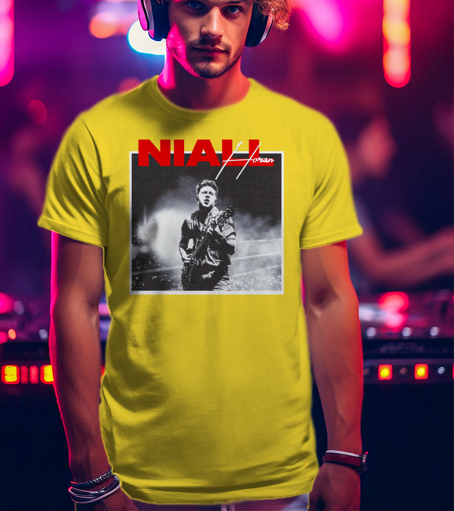 Niall Horan Live Performance Black And White Stage Photo With Red Name Highlight T-Shirt