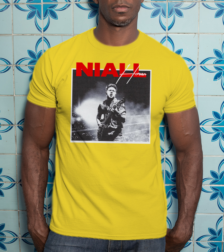 Niall Horan Live Performance Black And White Stage Photo With Red Name Highlight T-Shirt