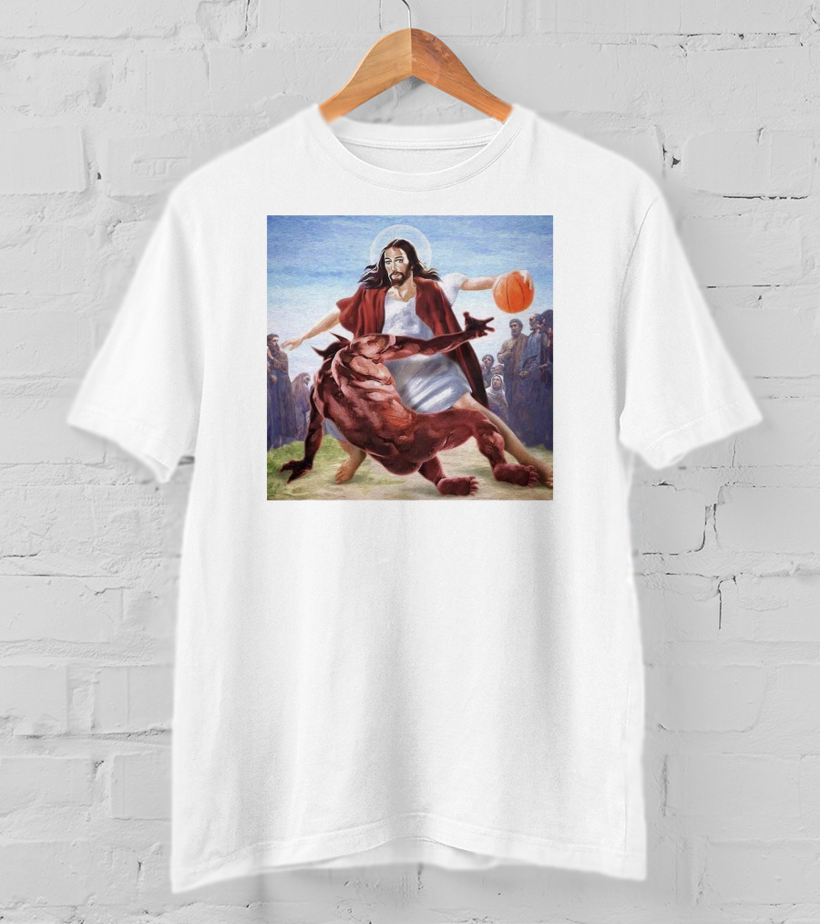Jesus Dribbling Basketball Past Demon With Onlookers T-Shirt
