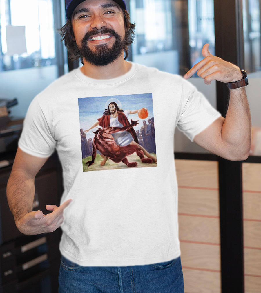 Jesus Dribbling Basketball Past Demon With Onlookers T-Shirt