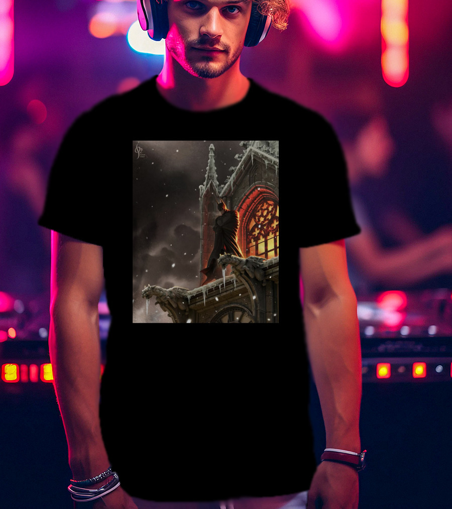 A Knight In The Frost Gothic Cathedral Snowfall Scene T-Shirt