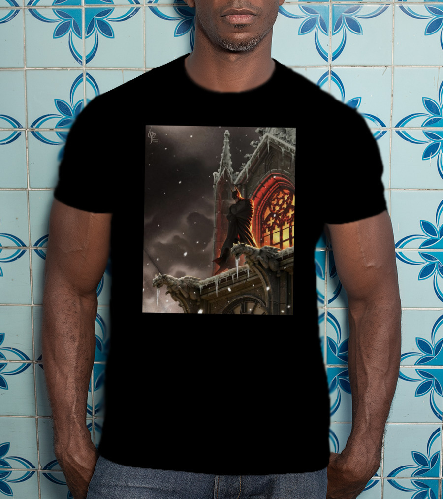 A Knight In The Frost Gothic Cathedral Snowfall Scene T-Shirt