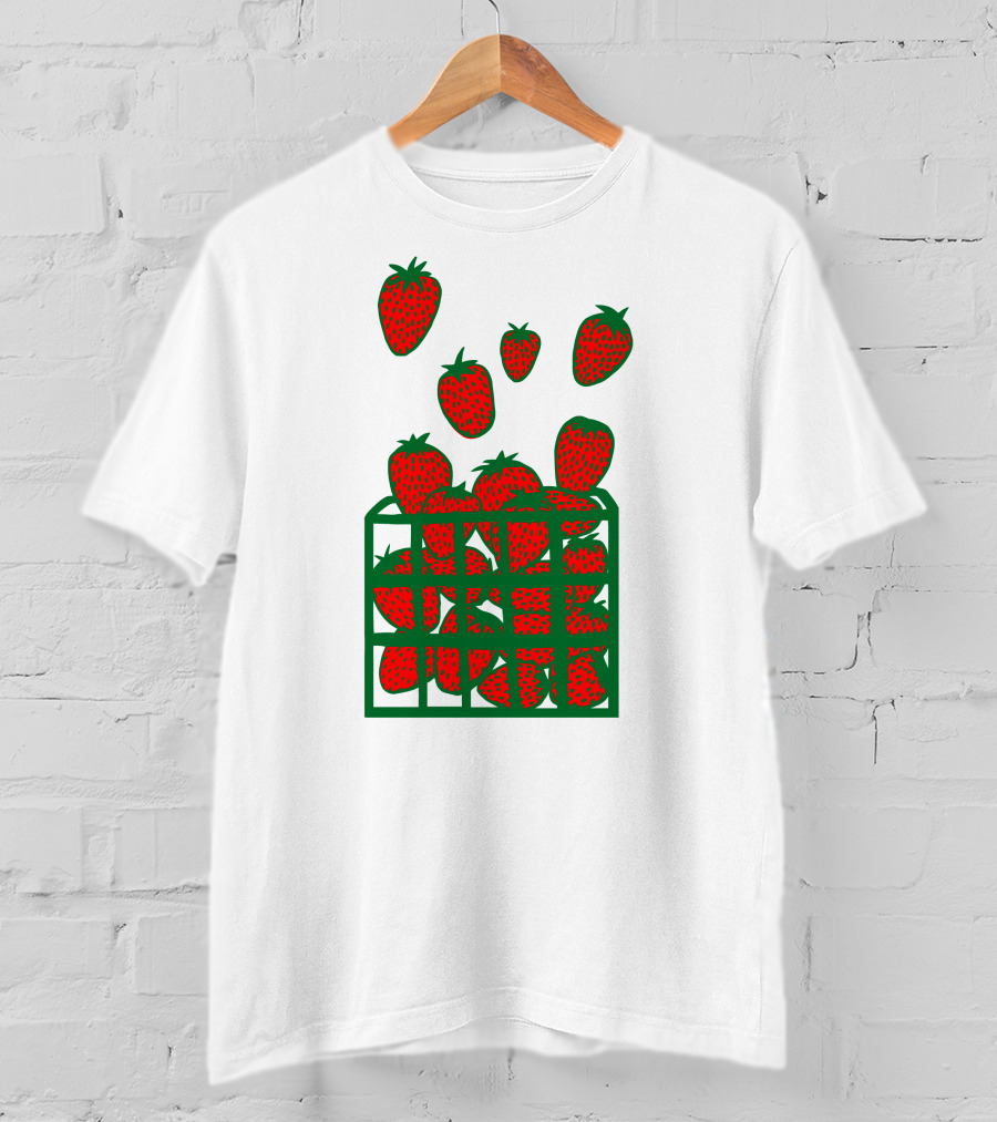 Strawberry Basket With Falling Strawberries Screen Print T-Shirt