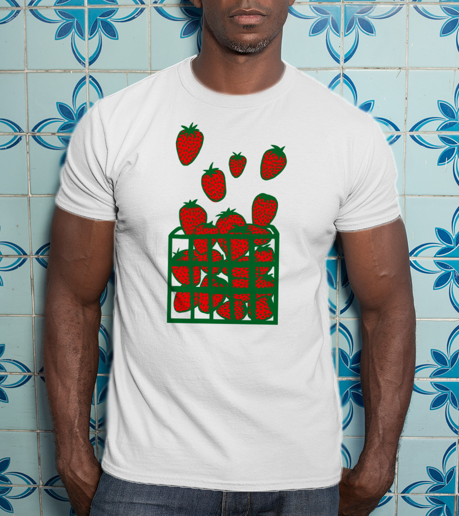 Strawberry Basket With Falling Strawberries Screen Print T-Shirt