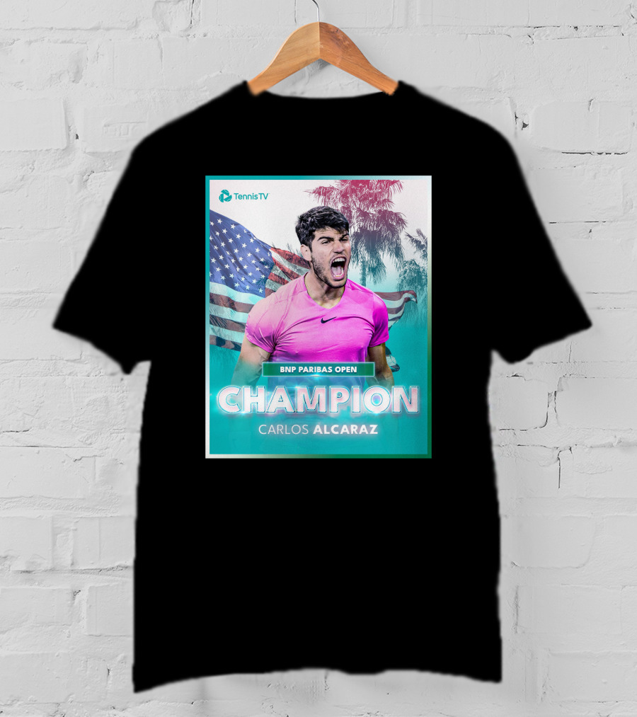 TennisTV BNP Paribas Open Champion Carlos Alcaraz American Flag Background T-Shirt