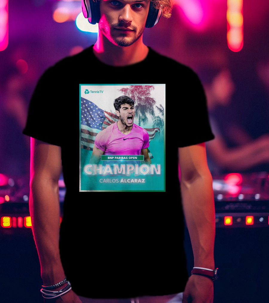 TennisTV BNP Paribas Open Champion Carlos Alcaraz American Flag Background T-Shirt