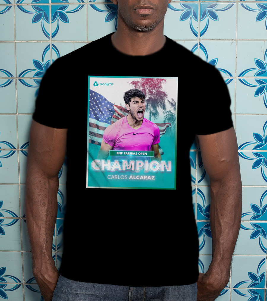 TennisTV BNP Paribas Open Champion Carlos Alcaraz American Flag Background T-Shirt