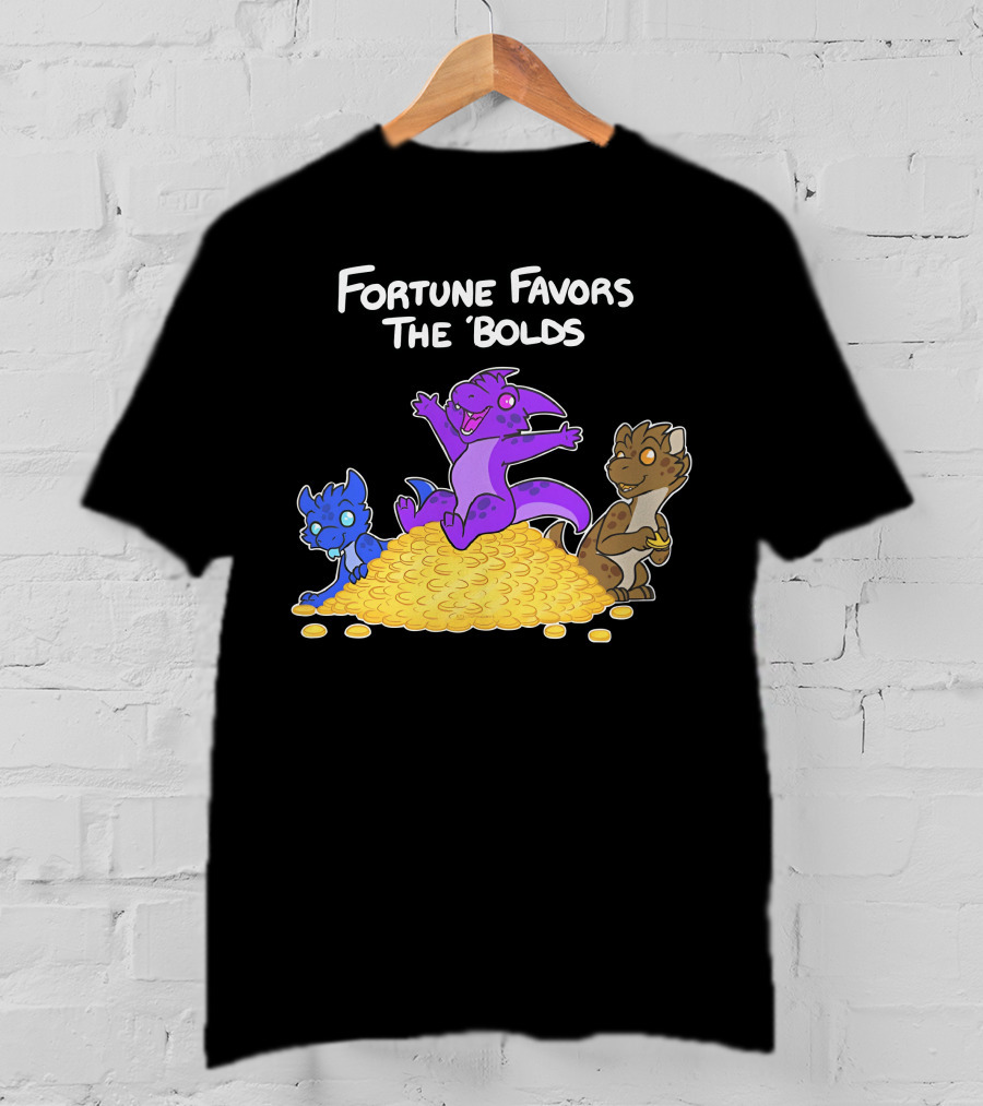 Kobold Fortune Favors The Bold Colorful Cartoon Creatures On Gold Coins T-Shirt