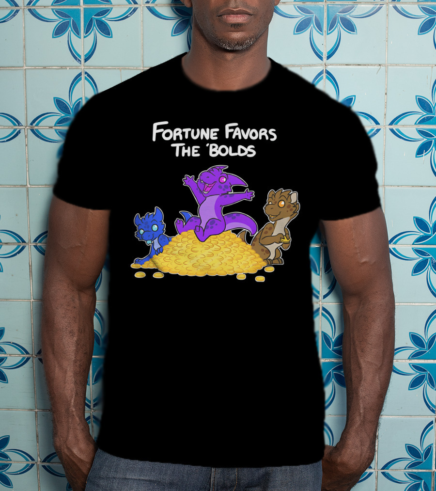 Kobold Fortune Favors The Bold Colorful Cartoon Creatures On Gold Coins T-Shirt