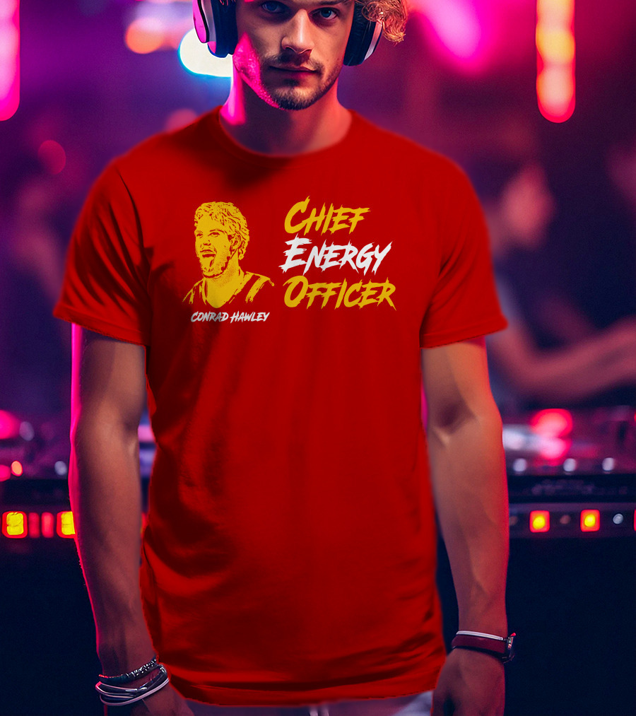Conrad Hawley Chief Energy Officer Enthusiastic Portrait In Bold Yellow And White Text T-Shirt
