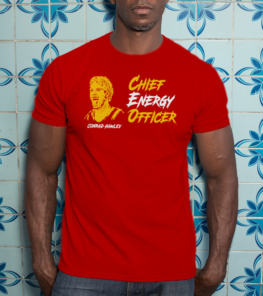 Conrad Hawley Chief Energy Officer Enthusiastic Portrait In Bold Yellow And White Text T-Shirt