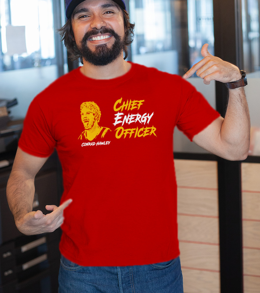 Conrad Hawley Chief Energy Officer Enthusiastic Portrait In Bold Yellow And White Text T-Shirt