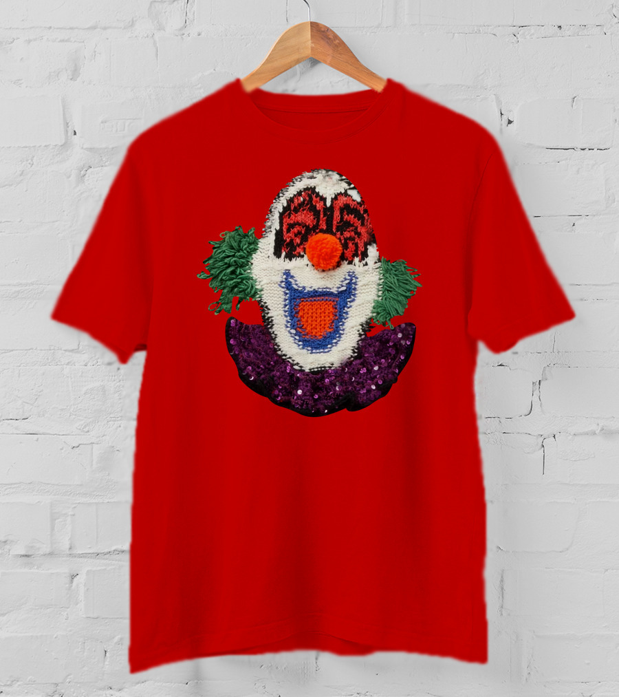 Sequin-Embellished Intarsia Wool Clown Face With Green Hair And Purple Collar T-Shirt