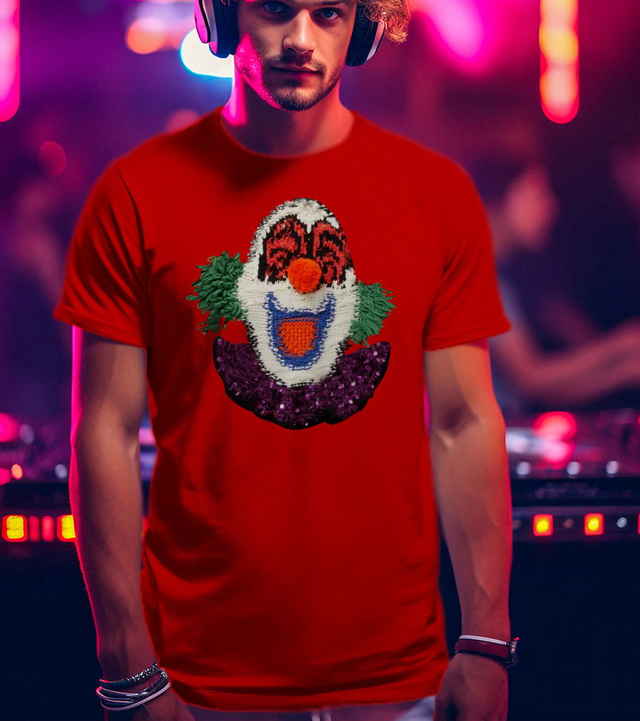Sequin-Embellished Intarsia Wool Clown Face With Green Hair And Purple Collar T-Shirt