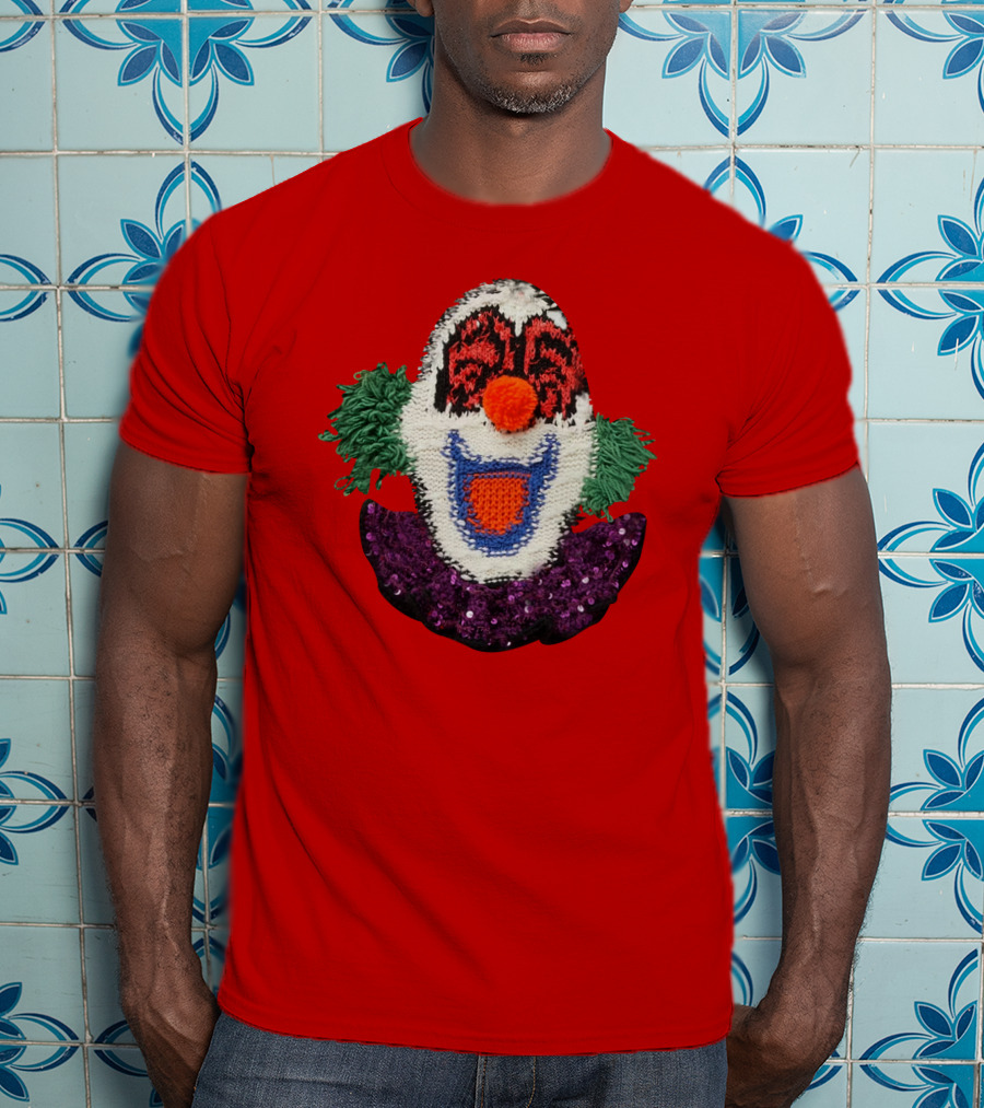 Sequin-Embellished Intarsia Wool Clown Face With Green Hair And Purple Collar T-Shirt