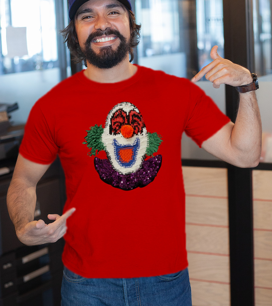 Sequin-Embellished Intarsia Wool Clown Face With Green Hair And Purple Collar T-Shirt