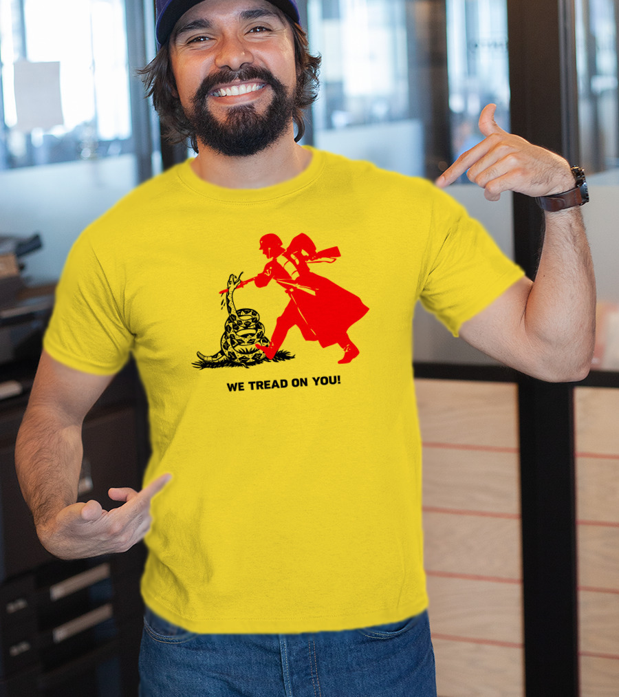 We Tread On You Revolutionary Soldier And Snake Yellow Background T-Shirt