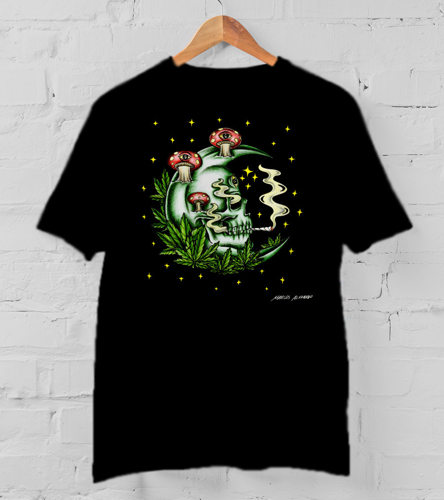 Marcos Alvarado Smoking Moon Skull With Mushroom Eyes And Cannabis Leaves T-Shirt