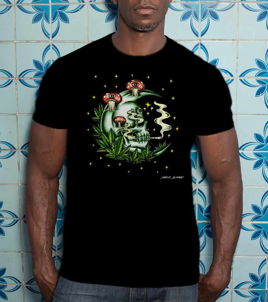 Marcos Alvarado Smoking Moon Skull With Mushroom Eyes And Cannabis Leaves T-Shirt