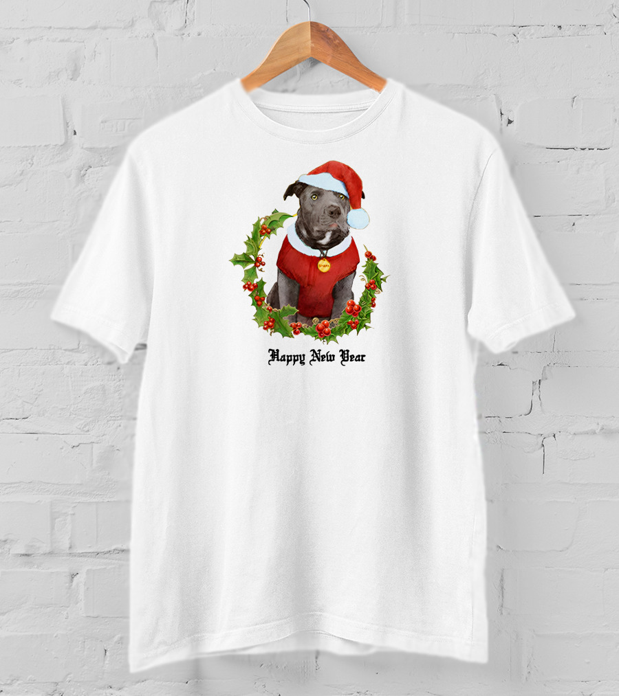 Billie Eilish Store Happy New Year Dog In Santa Hat And Holly Wreath T-Shirt