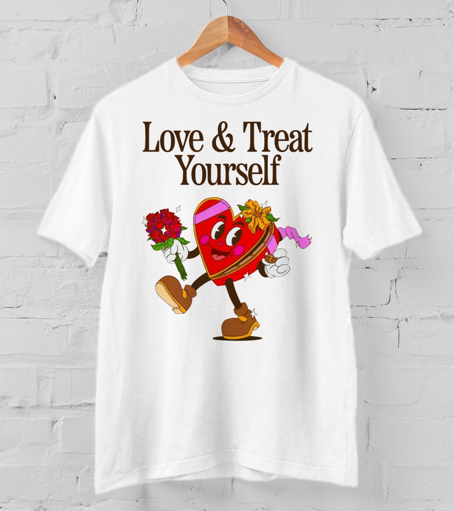 Love And Treat Yourself Heart Character With Flowers And Bow Tie T-Shirt