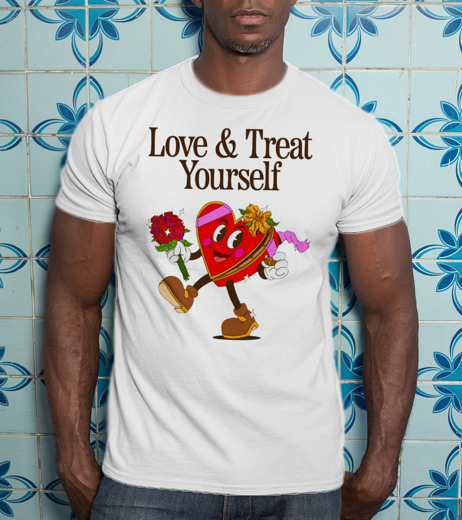 Love And Treat Yourself Heart Character With Flowers And Bow Tie T-Shirt