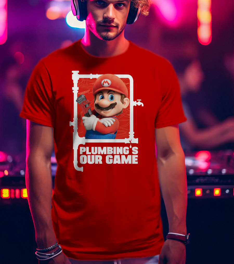 Mario Plumbing's Our Game Plumber's Iconic Red Outfit And Wrench T-Shirt