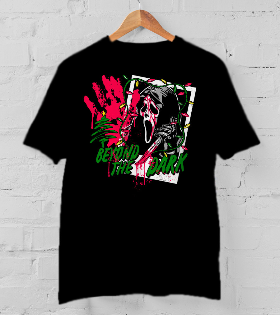Beyond The Dark Ghost Face Christmas Lights And Bloody Handprint T-Shirt