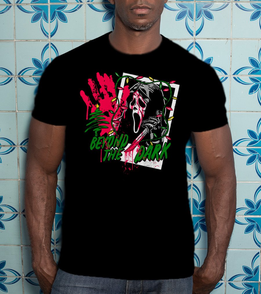 Beyond The Dark Ghost Face Christmas Lights And Bloody Handprint T-Shirt