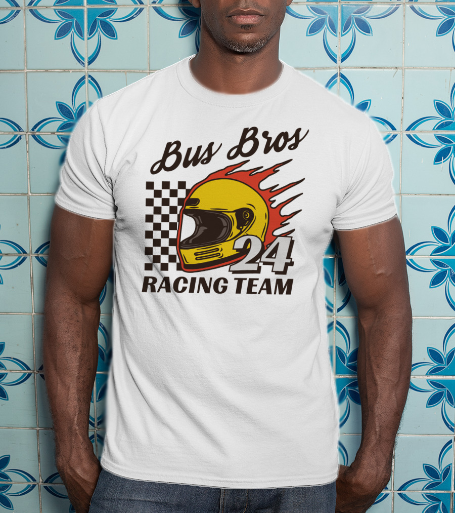 Bus Bros 24 Racing Team Helmet Flames Checkered Flag T-Shirt
