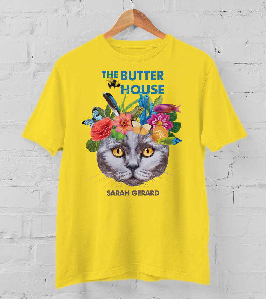 The Butter House Sarah Gerard Floral Cat With Butterflies And Fish On Yellow T-Shirt
