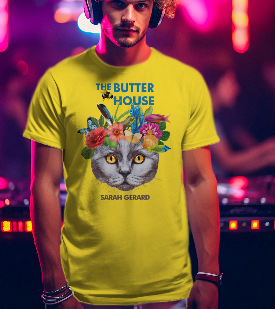The Butter House Sarah Gerard Floral Cat With Butterflies And Fish On Yellow T-Shirt