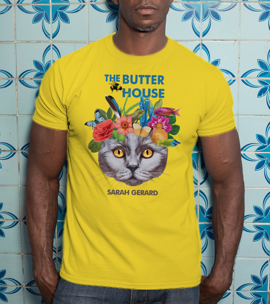 The Butter House Sarah Gerard Floral Cat With Butterflies And Fish On Yellow T-Shirt