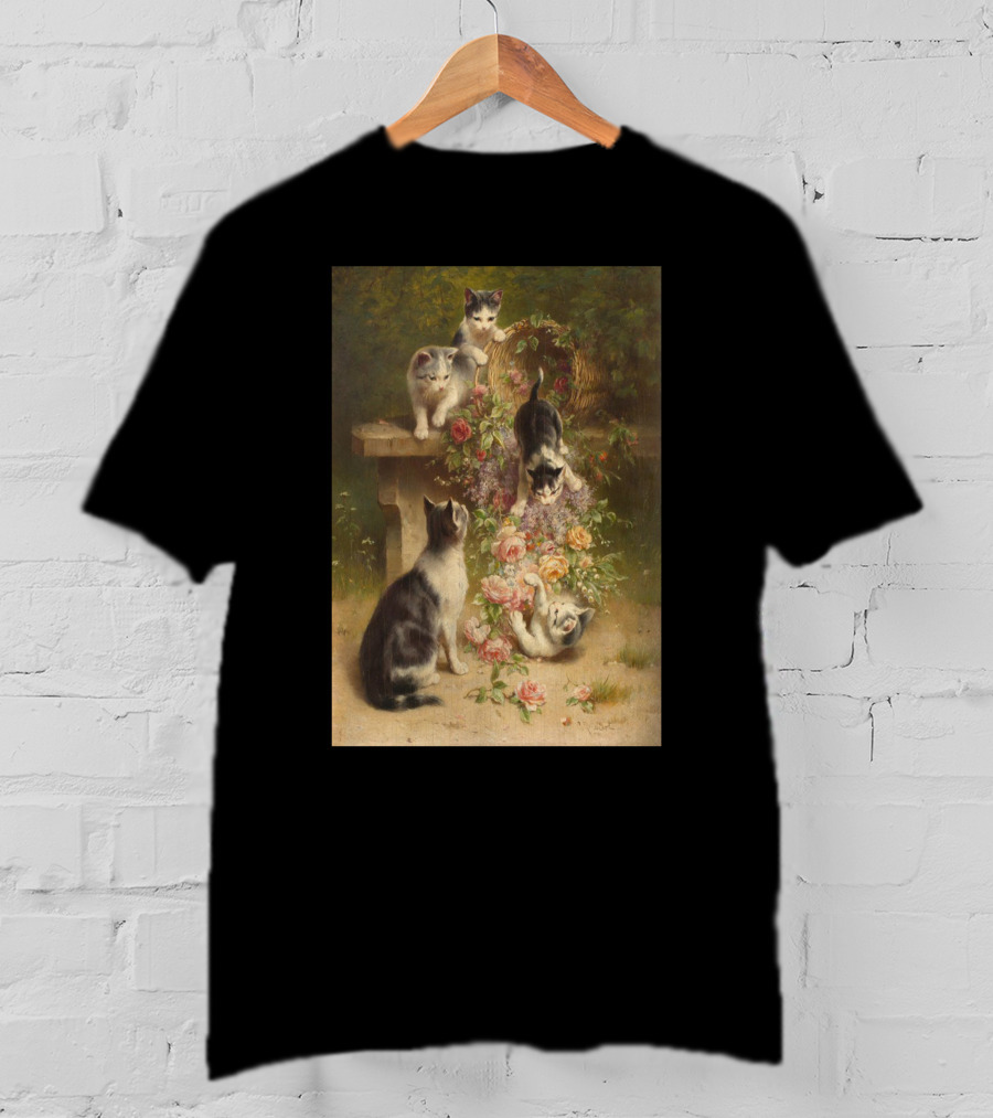 Cats And Flowers Playing On A Bench By Carl Reichert T-Shirt