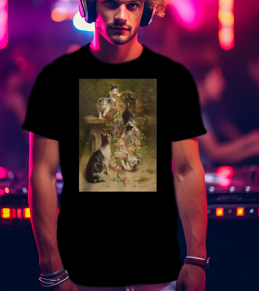 Cats And Flowers Playing On A Bench By Carl Reichert T-Shirt