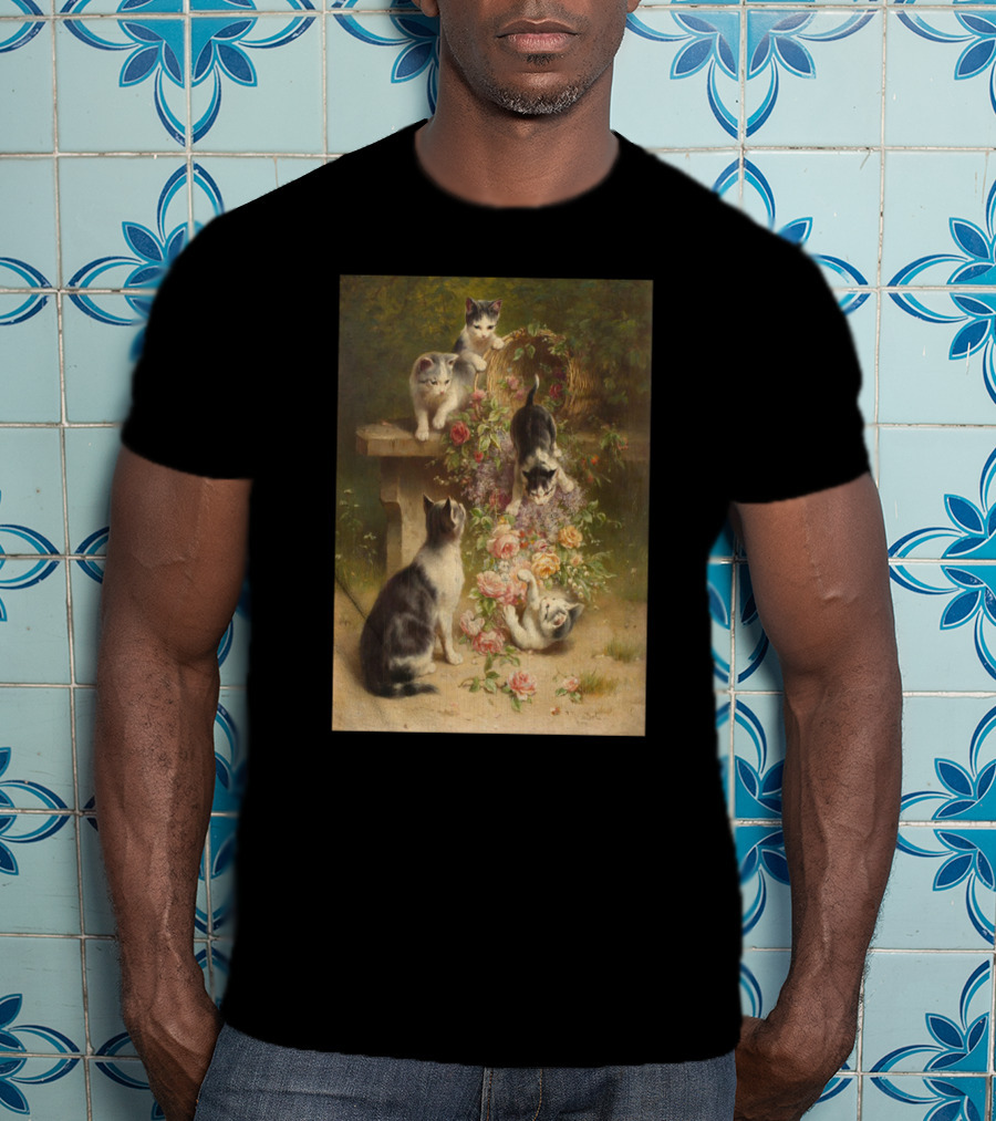 Cats And Flowers Playing On A Bench By Carl Reichert T-Shirt