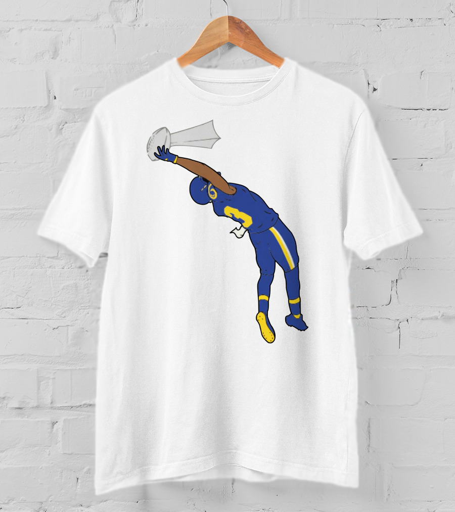 Trophy Catch Obj One-Handed Football Player Blue And Yellow Uniform T-Shirt