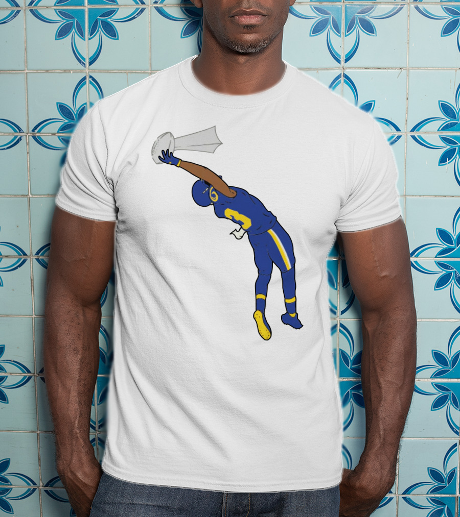 Trophy Catch Obj One-Handed Football Player Blue And Yellow Uniform T-Shirt