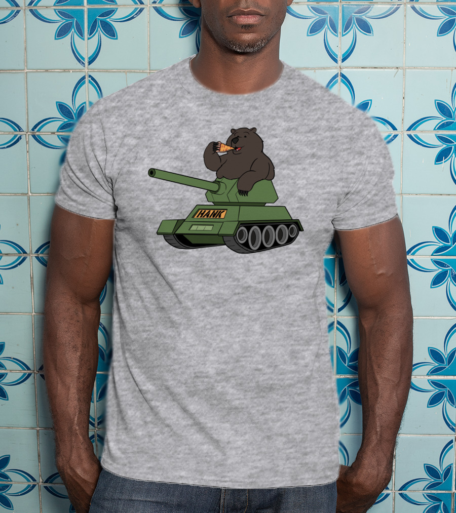 Bear Eating Pizza On A Tank With Hank Text T-Shirt