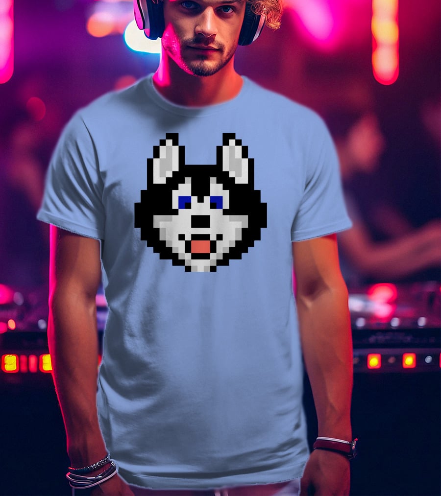 Huskytoken Cat Pixelated Husky Face On Light Blue T-Shirt