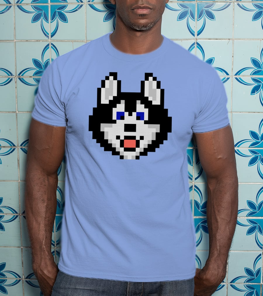 Huskytoken Cat Pixelated Husky Face On Light Blue T-Shirt
