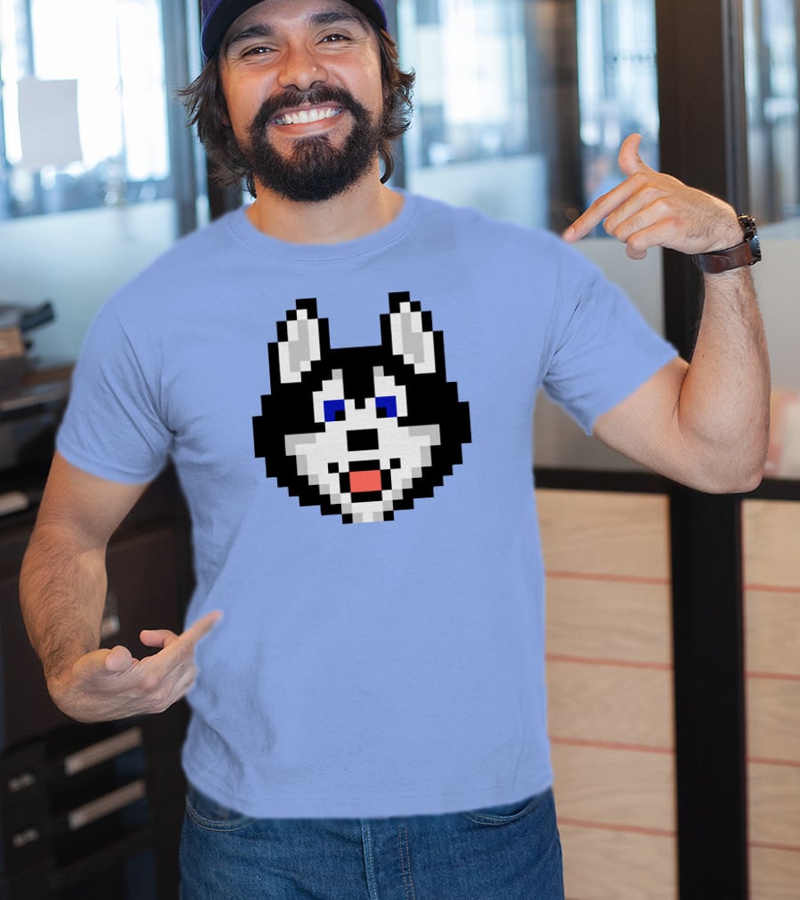 Huskytoken Cat Pixelated Husky Face On Light Blue T-Shirt