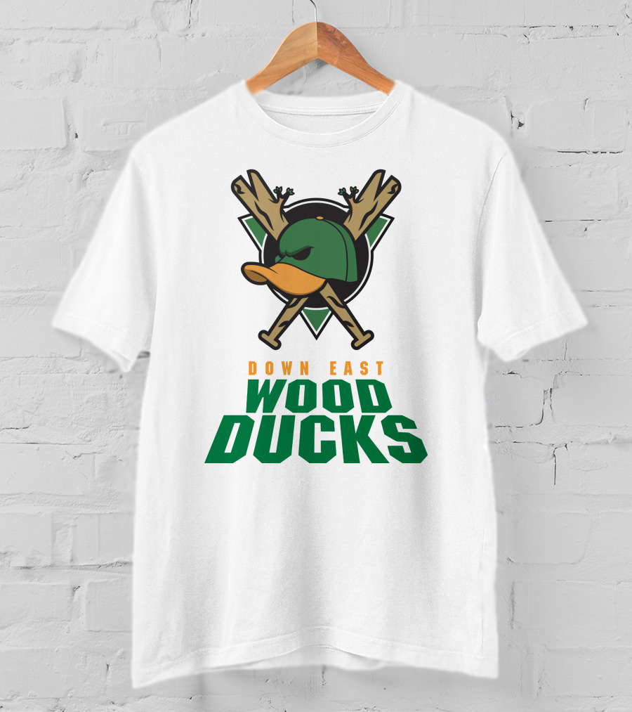 Down East Wood Ducks Baseball Logo With Crossed Bats And Duck Cap T-Shirt