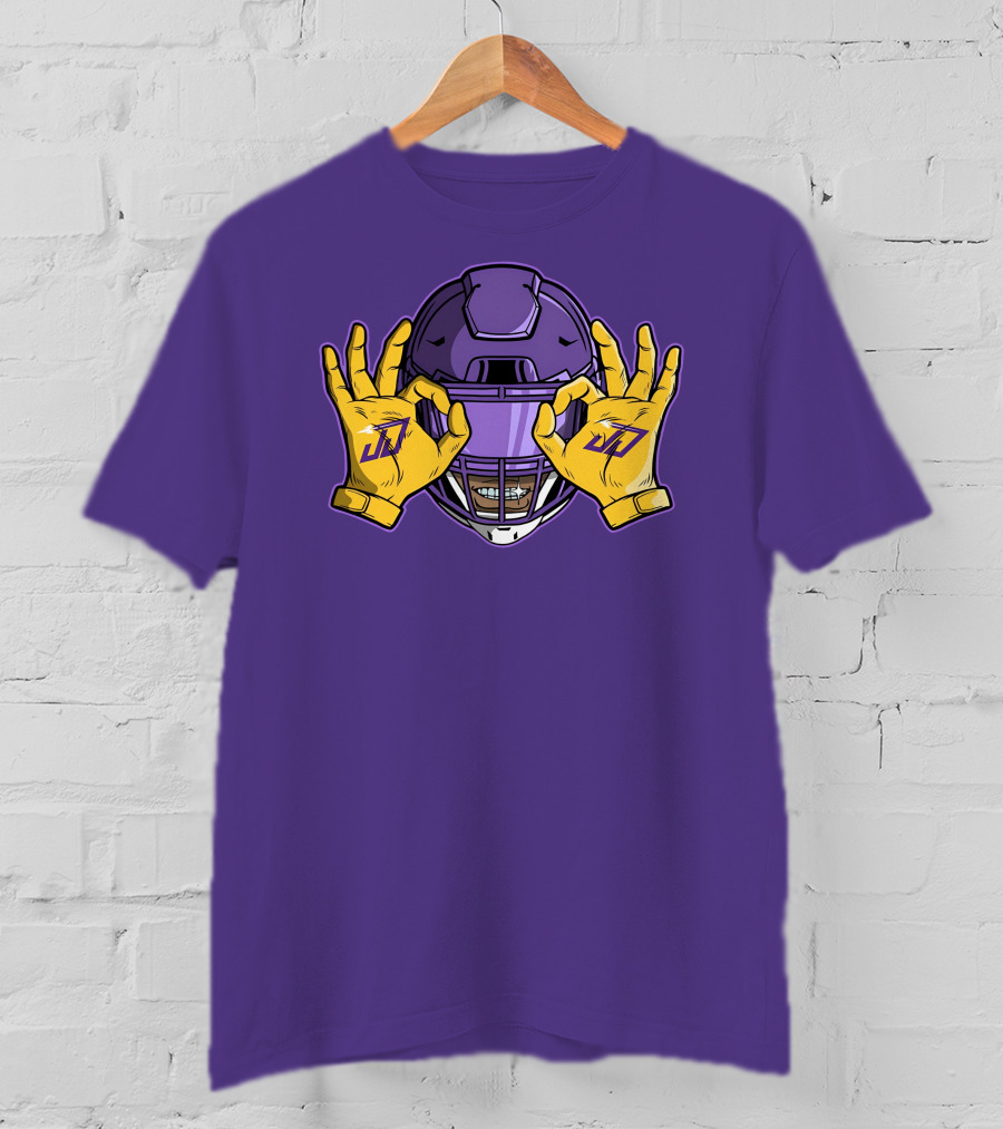 Kevin O’Connell Justin Jefferson Griddy JJ Celebration Viking Helmet Purple Yellow Hands T-Shirt
