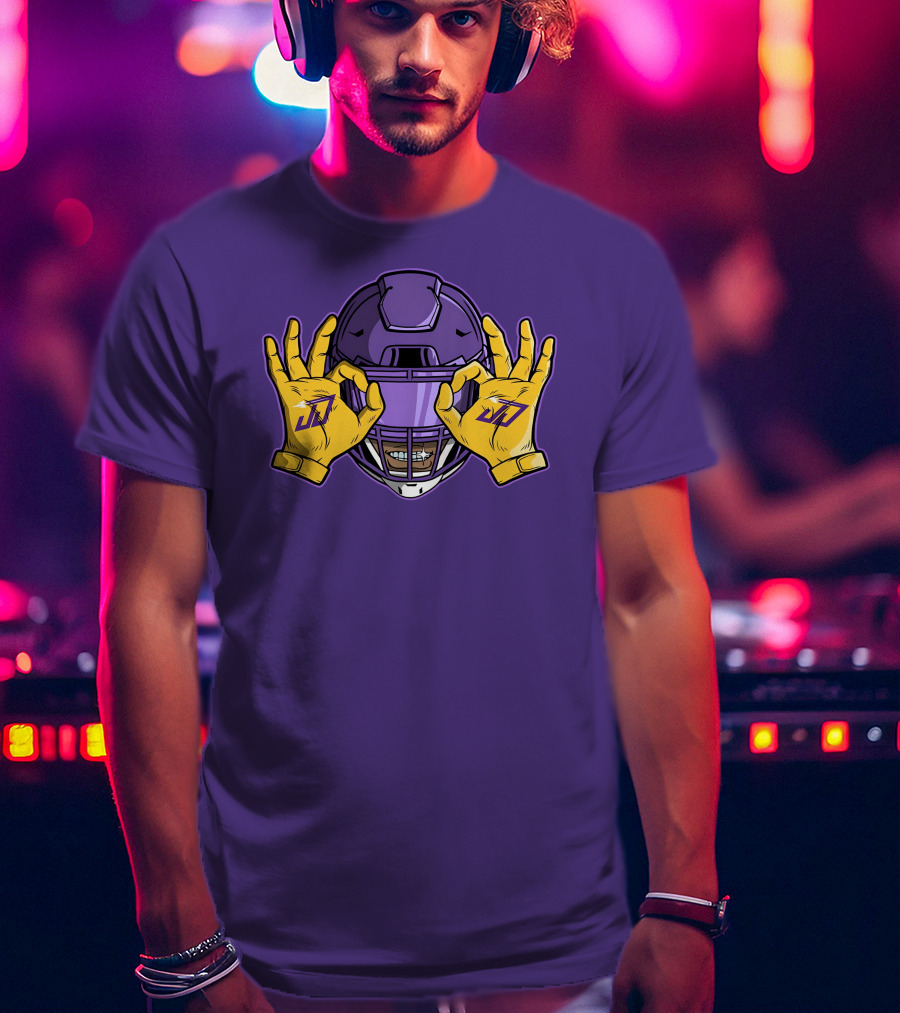 Kevin O’Connell Justin Jefferson Griddy JJ Celebration Viking Helmet Purple Yellow Hands T-Shirt