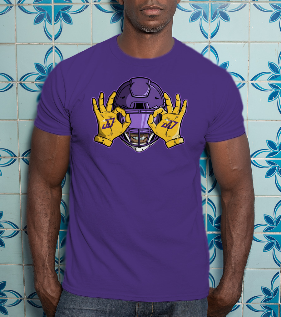 Kevin O’Connell Justin Jefferson Griddy JJ Celebration Viking Helmet Purple Yellow Hands T-Shirt