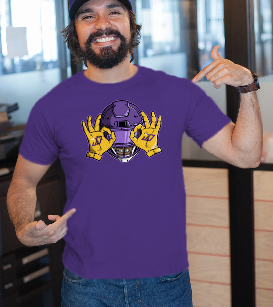 Kevin O’Connell Justin Jefferson Griddy JJ Celebration Viking Helmet Purple Yellow Hands T-Shirt