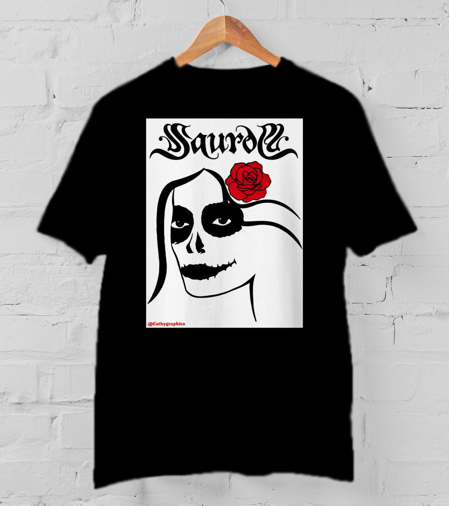 Saurom Cathygraphics Skull Face With Red Rose T-Shirt